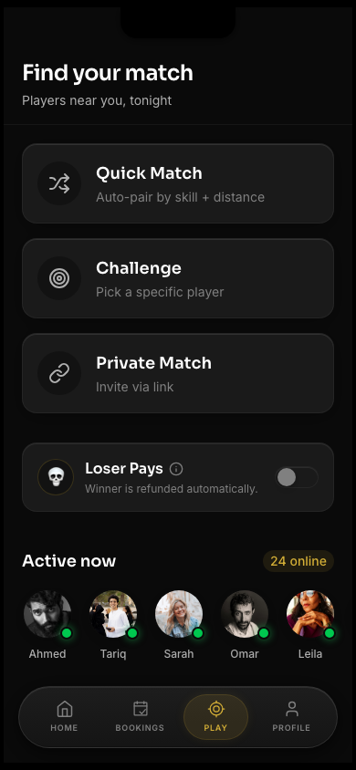 Play Hub screen with matchmaking and open challenges